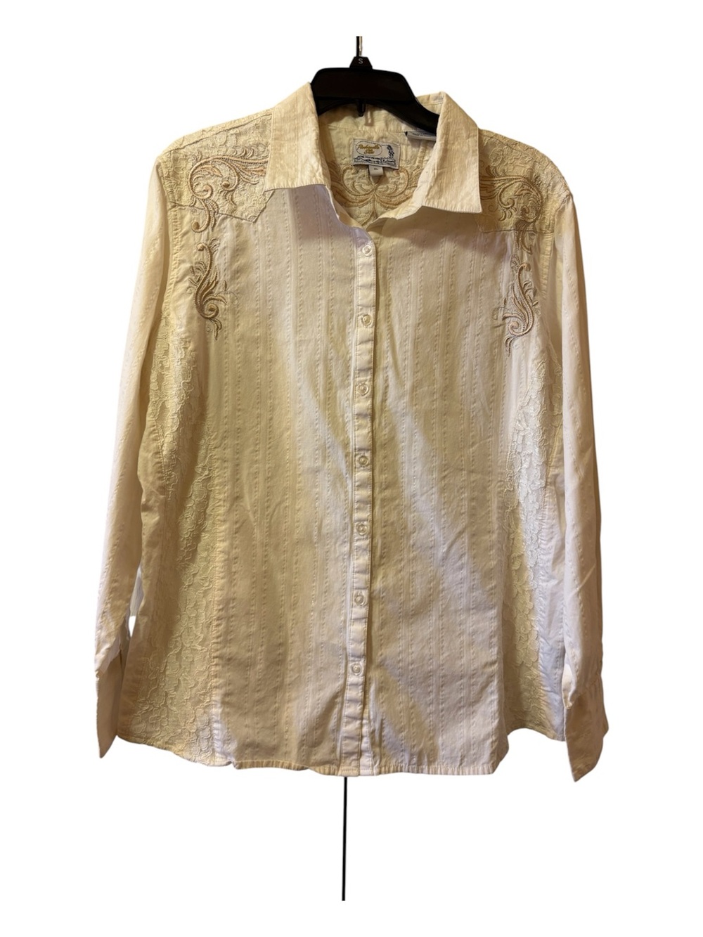 Western Embroidered white Button-Up Women's Shirt with lace accents